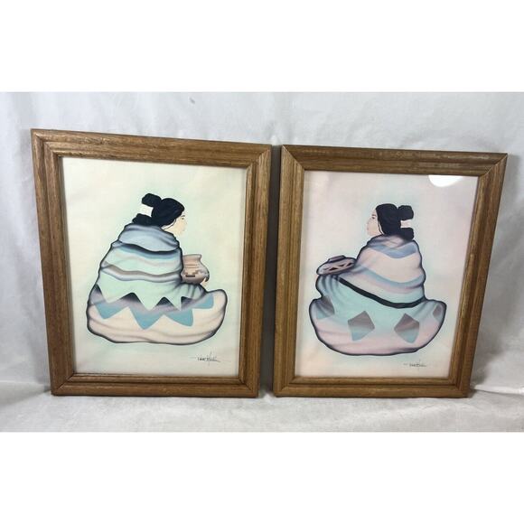 Pair Navajo Women Pottery Framed Southwest Prints Artist Diana Martin Vintage - Picture 1 of 11